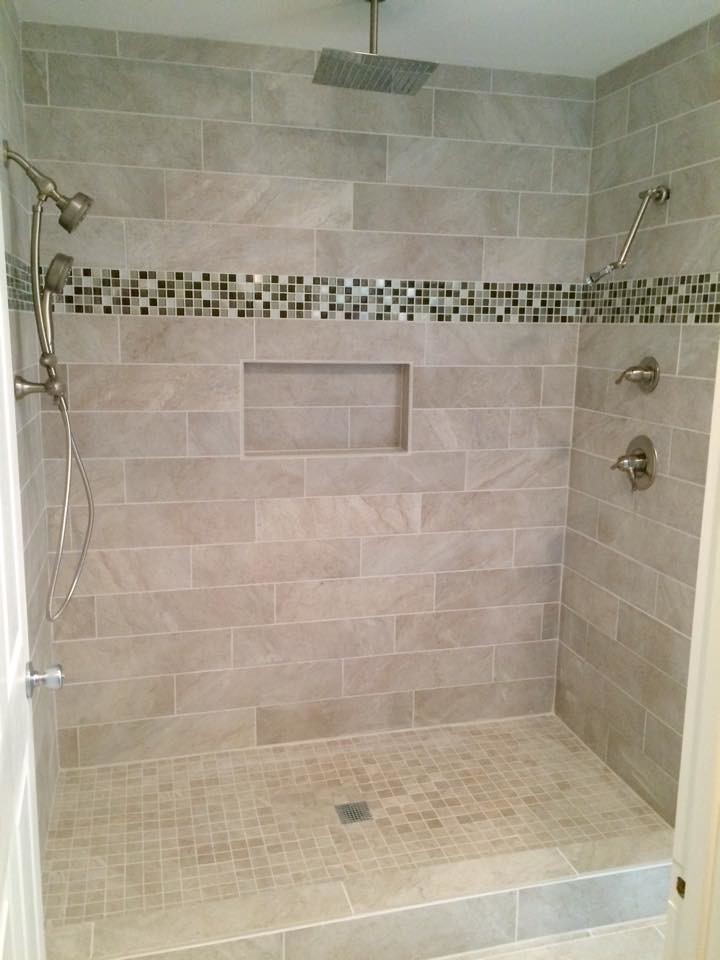 Mid-sized elegant master multicolored tile ceramic tile bathroom photo in Nashville with a drop-in sink, raised-panel cabinets, dark wood cabinets, laminate countertops, a one-piece toilet and green walls