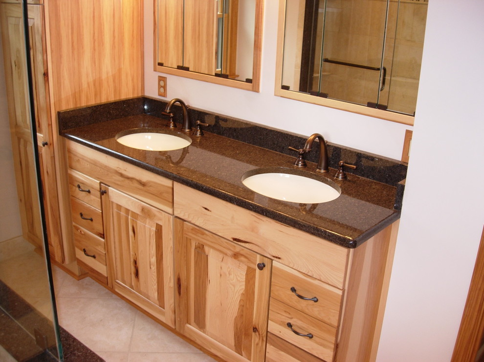 Inspiration for a medium sized rustic shower room bathroom in Baltimore with raised-panel cabinets, light wood cabinets, white walls, ceramic flooring, a submerged sink and terrazzo worktops.