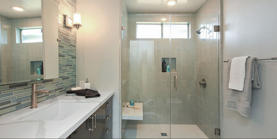Medium sized classic shower room bathroom in San Francisco with flat-panel cabinets, grey cabinets, an alcove shower, blue tiles, grey tiles, green tiles, matchstick tiles, grey walls, engineered stone worktops, an alcove bath, a submerged sink and a hinged door.
