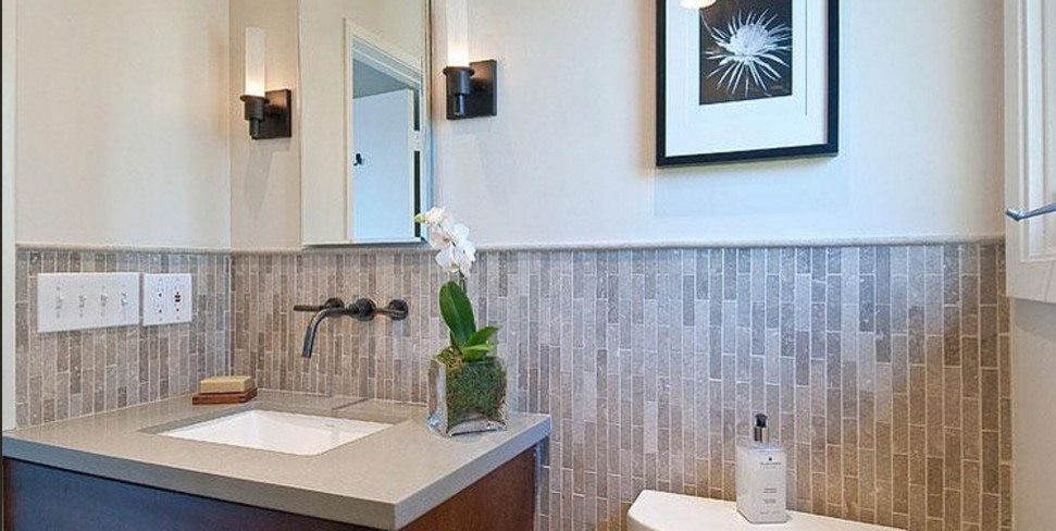 Example of a large transitional master beige tile, black tile, brown tile and matchstick tile porcelain tile and gray floor bathroom design in San Francisco with flat-panel cabinets, an undermount sink, quartz countertops, gray cabinets, an undermount tub and beige walls