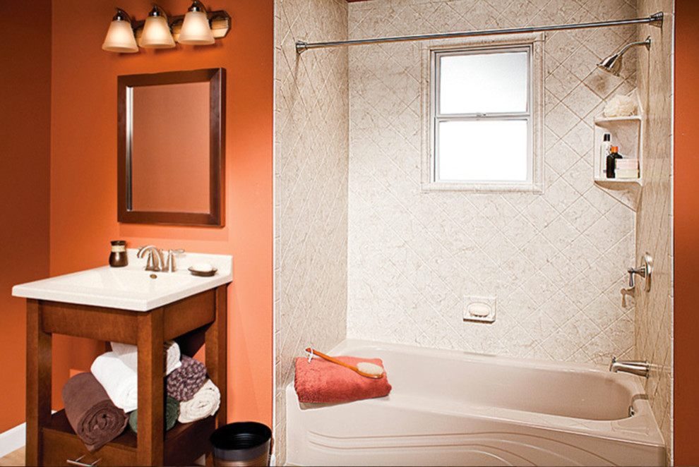 Example of a mid-sized transitional white tile light wood floor and brown floor bathroom design in Albuquerque with open cabinets, dark wood cabinets, orange walls and an undermount sink