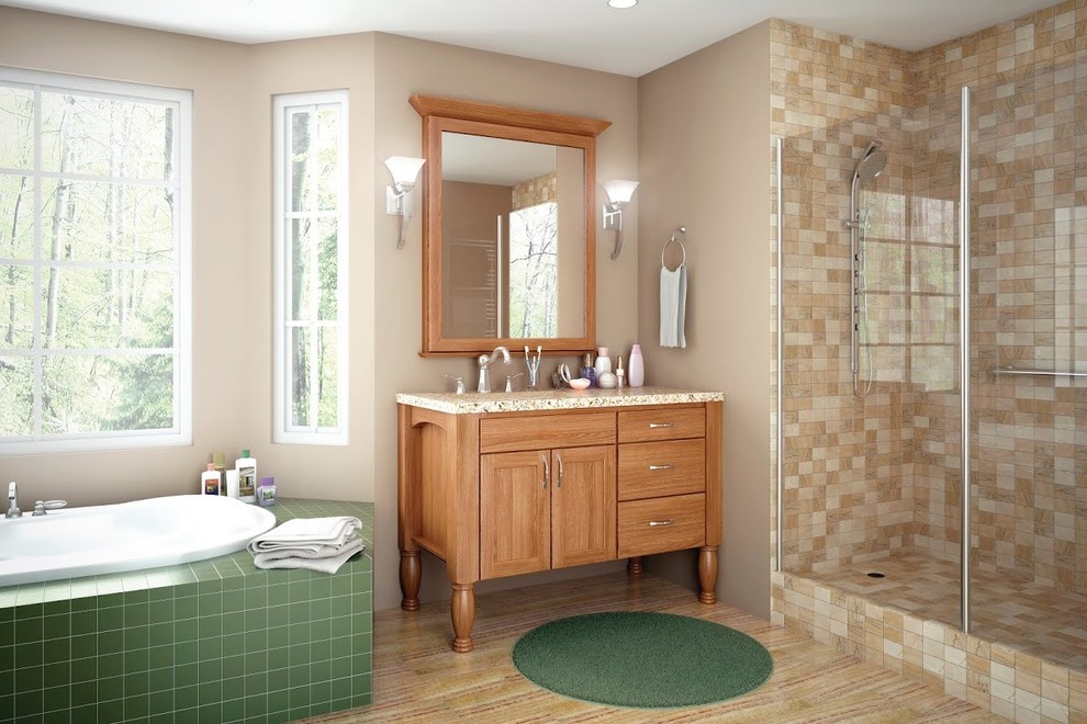 Exemple d'une douche en alcôve principale chic en bois clair avec un lavabo posé, un placard avec porte à panneau encastré, une baignoire posée et un mur marron.