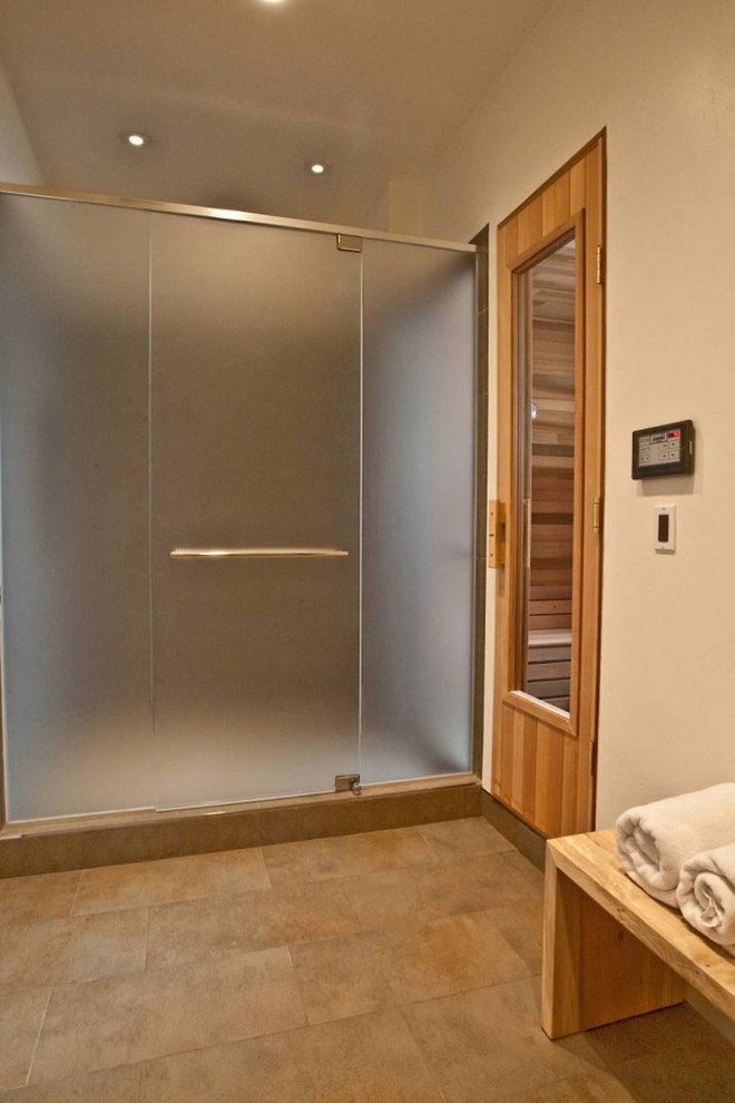 Design ideas for a medium sized contemporary sauna bathroom in Sacramento with an alcove shower, beige walls, porcelain flooring, beige floors and a hinged door.
