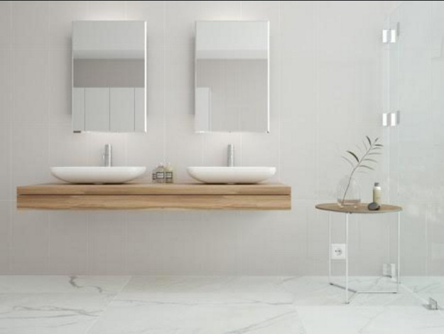 Inredning av ett modernt mellanstort en-suite badrum, med öppna hyllor, skåp i ljust trä, en dusch i en alkov, marmorgolv, ett fristående handfat och träbänkskiva