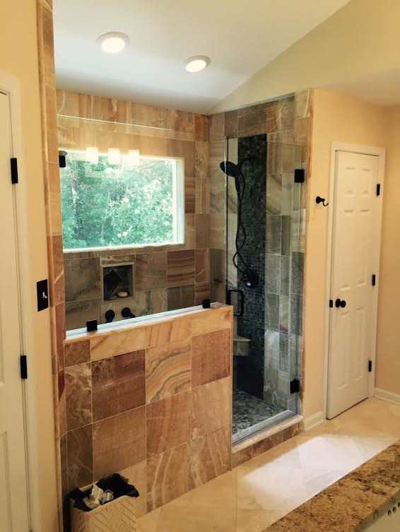Bathroom - mid-sized contemporary master white tile and stone tile marble floor bathroom idea in Richmond with shaker cabinets, gray cabinets, a wall-mount toilet, blue walls, an undermount sink and marble countertops