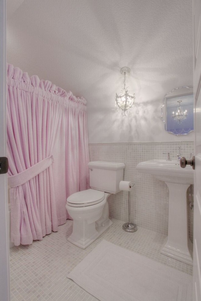 Bathroom - mid-sized traditional kids' white tile and porcelain tile porcelain tile bathroom idea in Kansas City with a two-piece toilet, white walls and a pedestal sink