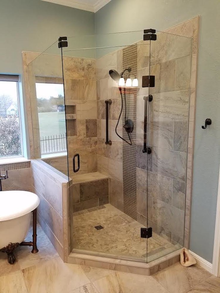 Inspiration for a mid-sized timeless master brown tile and mosaic tile porcelain tile and beige floor bathroom remodel in Austin with recessed-panel cabinets, dark wood cabinets, a two-piece toilet, gray walls, an undermount sink, granite countertops and a hinged shower door