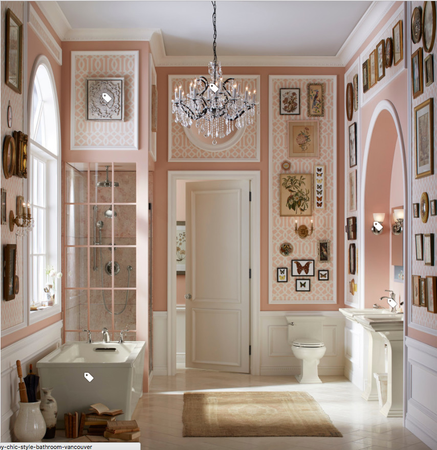 На фото: большая главная ванная комната в стиле шебби-шик с отдельно стоящей ванной, угловым душем, раздельным унитазом, розовыми стенами, полом из керамогранита, раковиной с пьедесталом, белым полом и душем с распашными дверями