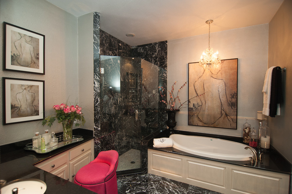 Inspiration for a large classic ensuite bathroom in Dallas with raised-panel cabinets, beige cabinets, an alcove bath, a corner shower, a two-piece toilet, black tiles, stone tiles, grey walls, marble flooring, a submerged sink and granite worktops.