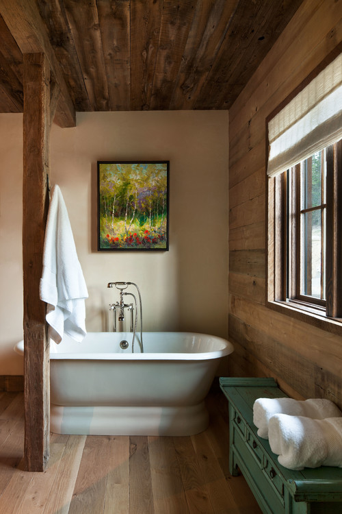 Rustic Retreat: Transform Bathrooms with Wood Walls and Green Bench Art