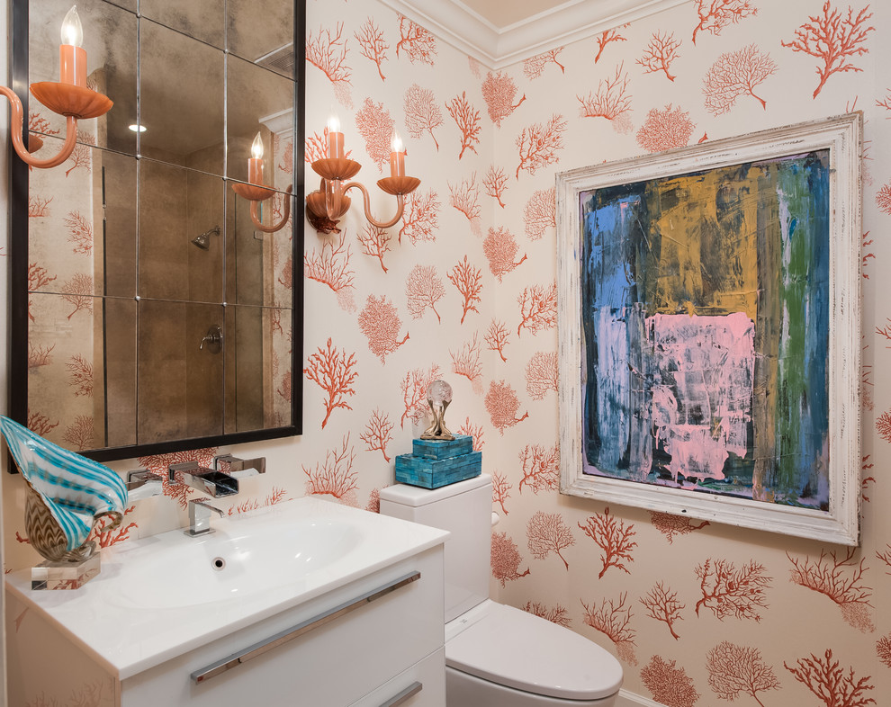 Inspiration for a contemporary bathroom remodel in Miami with an integrated sink, flat-panel cabinets and white cabinets