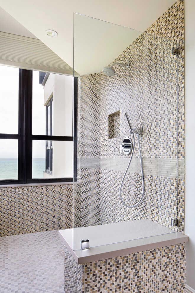 Inspiration for a mid-sized contemporary multicolored tile and mosaic tile mosaic tile floor bathroom remodel in Miami with multicolored walls