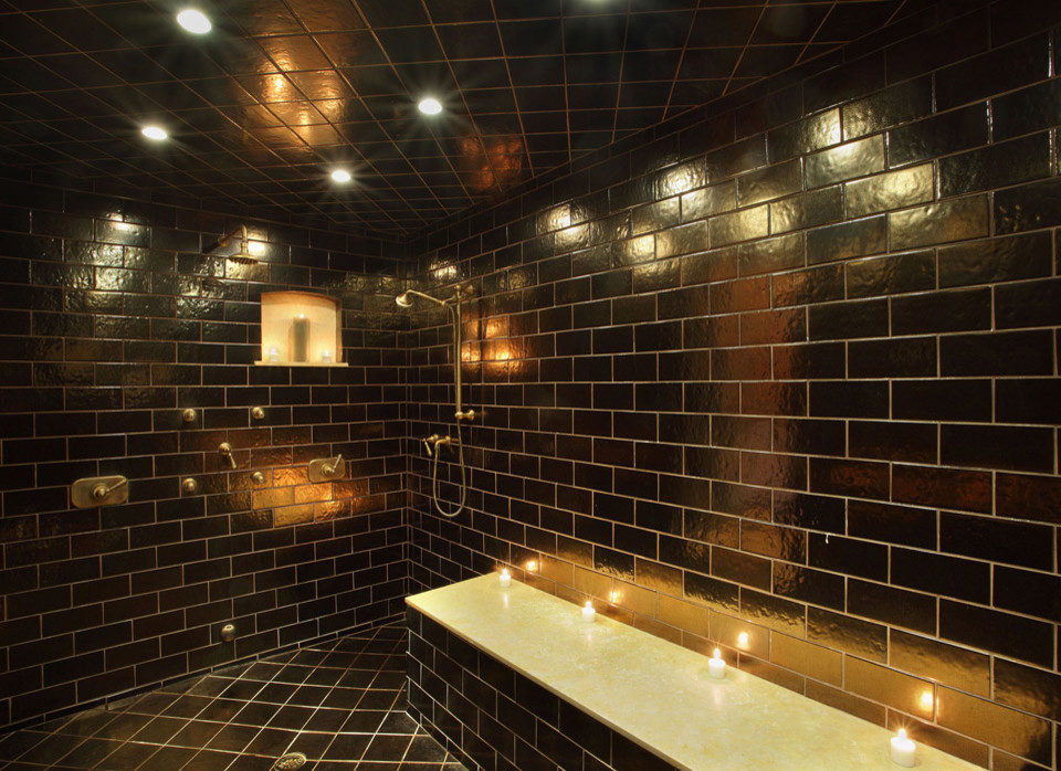 Inspiration for a large contemporary 3/4 black tile and ceramic tile ceramic tile and black floor bathroom remodel in Miami with black walls