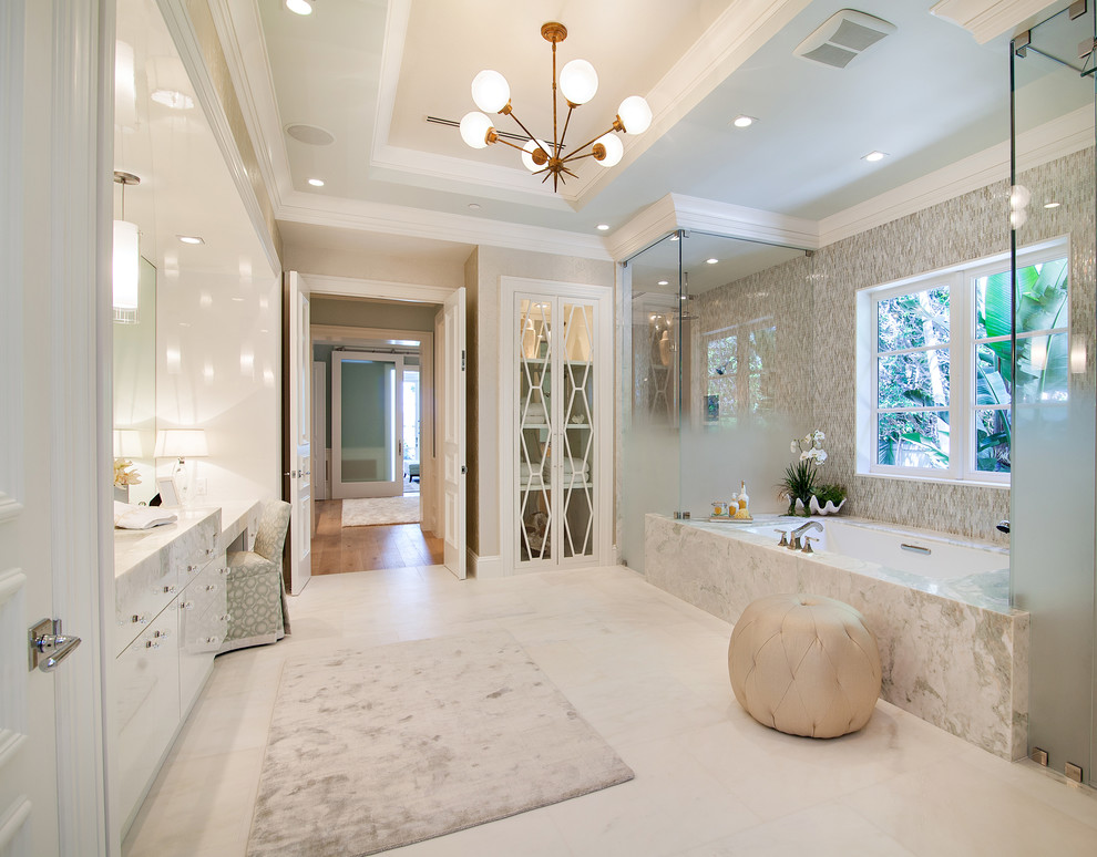 Inspiration for an expansive classic ensuite bathroom in Miami with flat-panel cabinets, white cabinets, a built-in shower, white tiles, stone slabs, marble flooring, a submerged sink, marble worktops and a submerged bath.