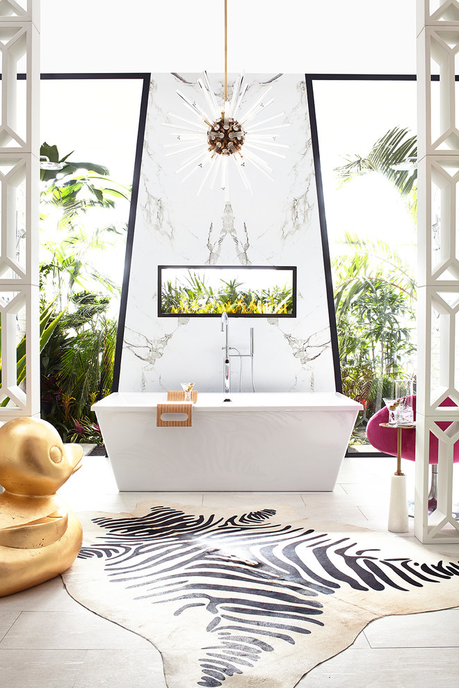 Inspiration for a large contemporary master porcelain tile freestanding bathtub remodel in Dallas