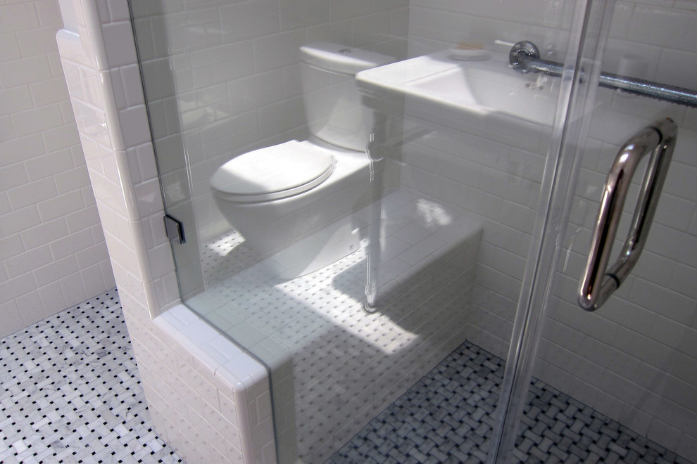 Mid-sized elegant master white tile and ceramic tile mosaic tile floor alcove shower photo in Los Angeles with a two-piece toilet, recessed-panel cabinets, gray walls and a pedestal sink