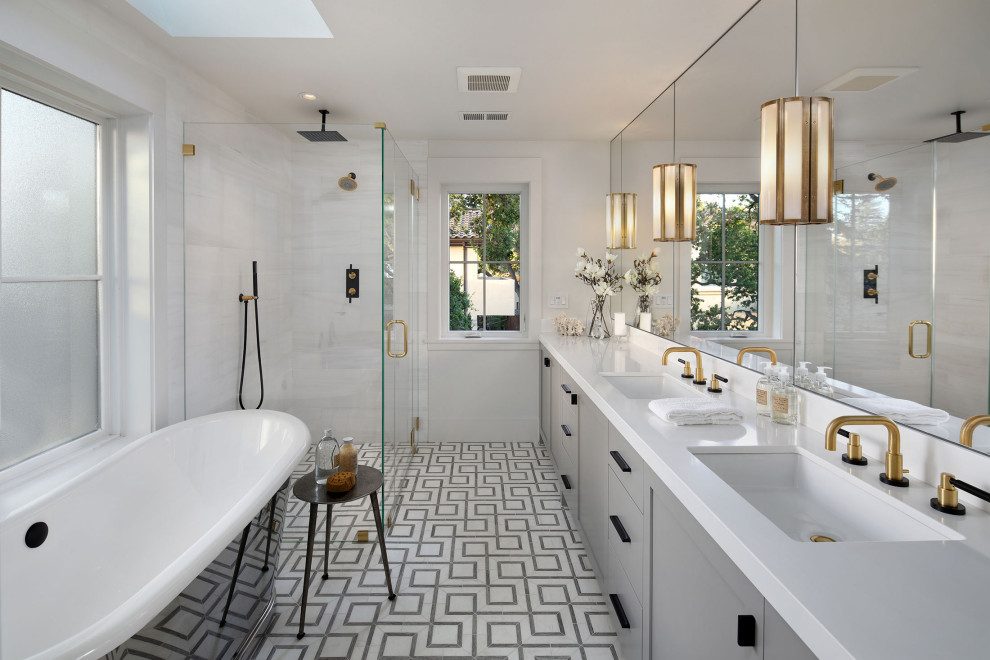 Transitional white tile multicolored floor and double-sink freestanding bathtub photo in San Francisco with shaker cabinets, gray cabinets, white walls, an undermount sink, white countertops and a built-in vanity
