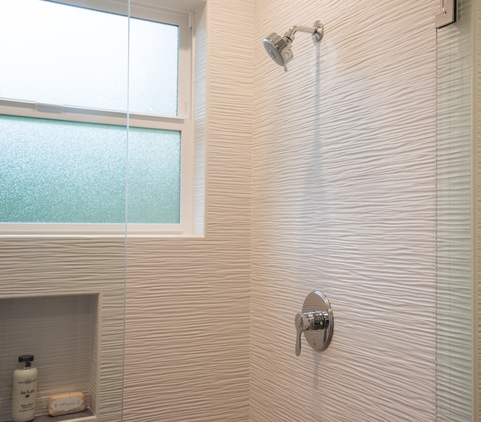 This is an example of a large contemporary bathroom in San Francisco with cement tiles and porcelain flooring.