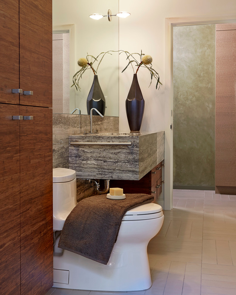 Design ideas for a medium sized contemporary ensuite bathroom in San Francisco with shaker cabinets, medium wood cabinets, an alcove shower, a one-piece toilet, marble tiles, beige walls, cement flooring, a submerged sink, marble worktops, beige floors and an open shower.
