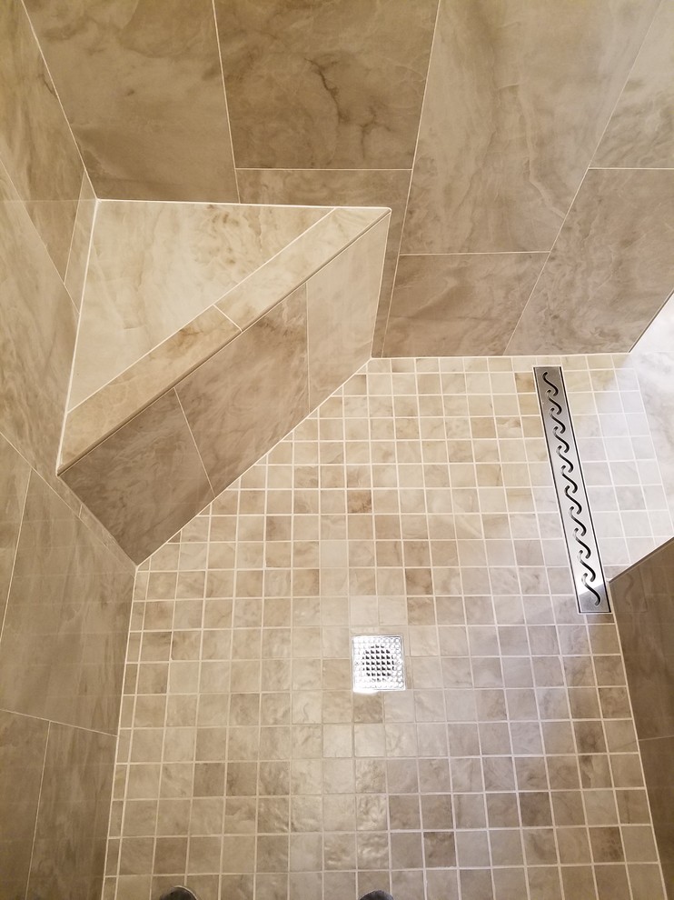 Photo of a small contemporary shower room bathroom in Orange County with shaker cabinets, white cabinets, white walls, porcelain flooring, a vessel sink, quartz worktops, beige floors, white worktops, a built-in shower and an open shower.