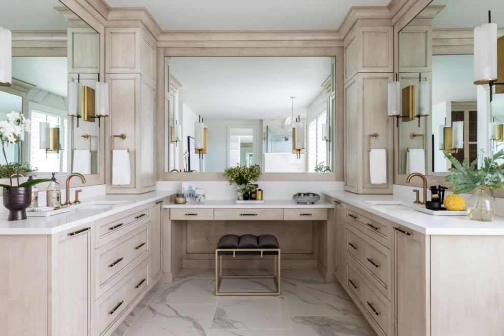 Example of a transitional master multicolored floor and double-sink bathroom design in Portland with recessed-panel cabinets, beige cabinets, an undermount sink, white countertops and a built-in vanity