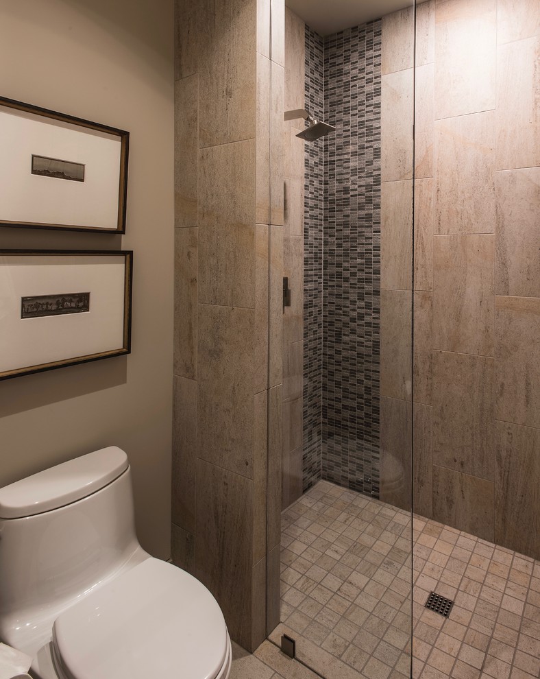 This is an example of a large contemporary shower room bathroom in Phoenix with flat-panel cabinets, grey cabinets, a built-in shower, a one-piece toilet, beige tiles, limestone tiles, beige walls, a submerged sink, quartz worktops, beige floors, an open shower, white worktops and limestone flooring.