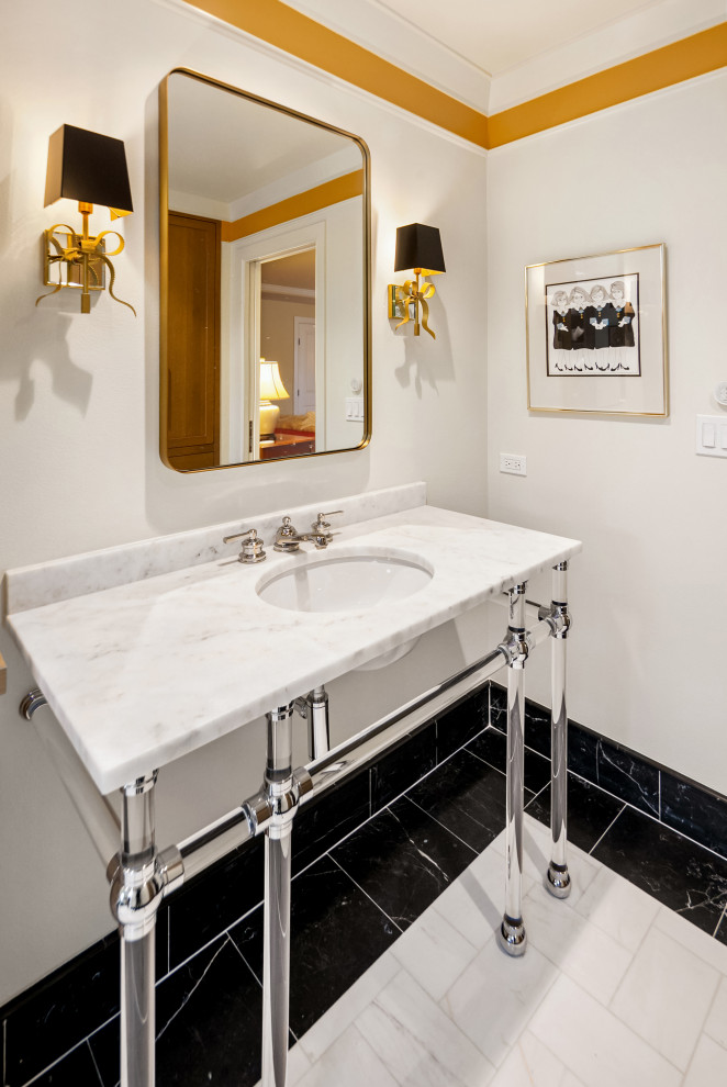 Bathroom - large french country master white tile and marble tile marble floor and white floor bathroom idea in Seattle with open cabinets, white cabinets, a bidet, white walls, an undermount sink, marble countertops and white countertops