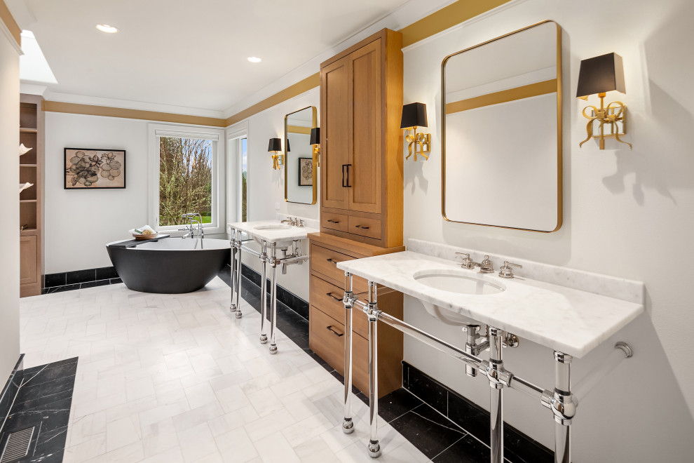 Example of a large french country master white tile and marble tile marble floor and white floor bathroom design in Seattle with open cabinets, white cabinets, a bidet, white walls, an undermount sink, marble countertops and white countertops