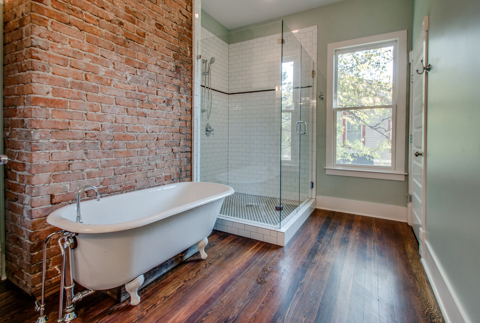 Large elegant master white tile and subway tile dark wood floor bathroom photo in Nashville with an undermount sink, shaker cabinets, dark wood cabinets, quartz countertops, a two-piece toilet and green walls