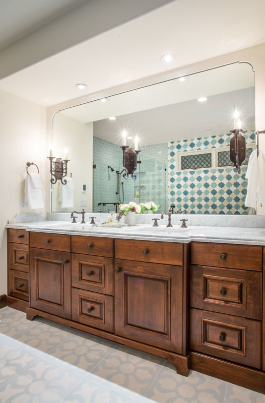 Bathroom - large eclectic master beige tile, blue tile, green tile, multicolored tile, white tile and glass tile ceramic tile bathroom idea in Salt Lake City with furniture-like cabinets, medium tone wood cabinets, blue walls, an undermount sink and marble countertops