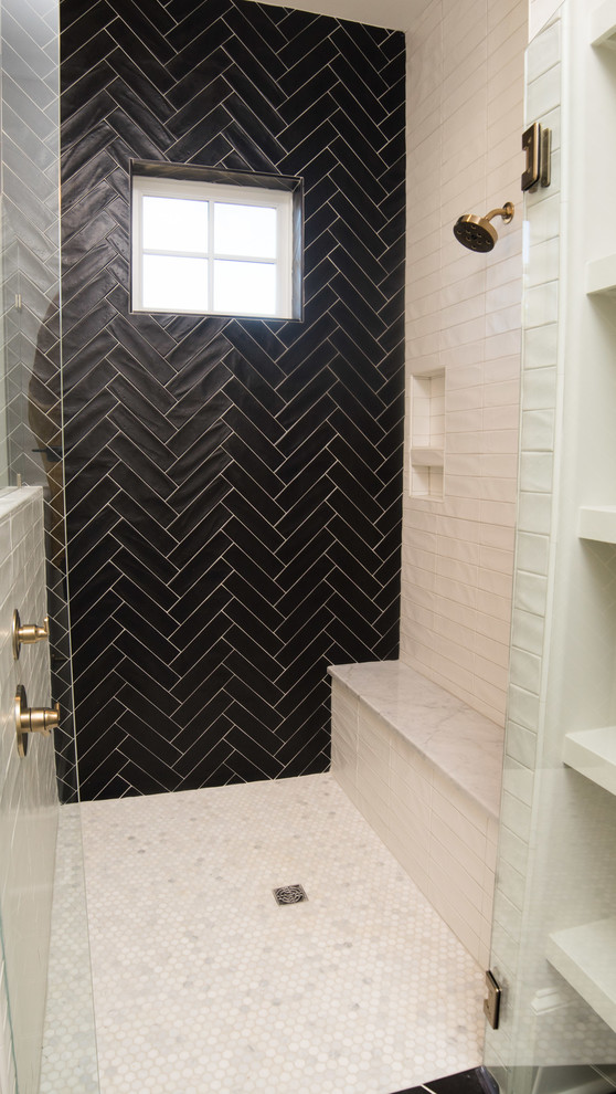 Inspiration for a mid-sized craftsman black tile alcove shower remodel in Other with shaker cabinets, medium tone wood cabinets, a one-piece toilet, white walls, an undermount sink, a hinged shower door and white countertops