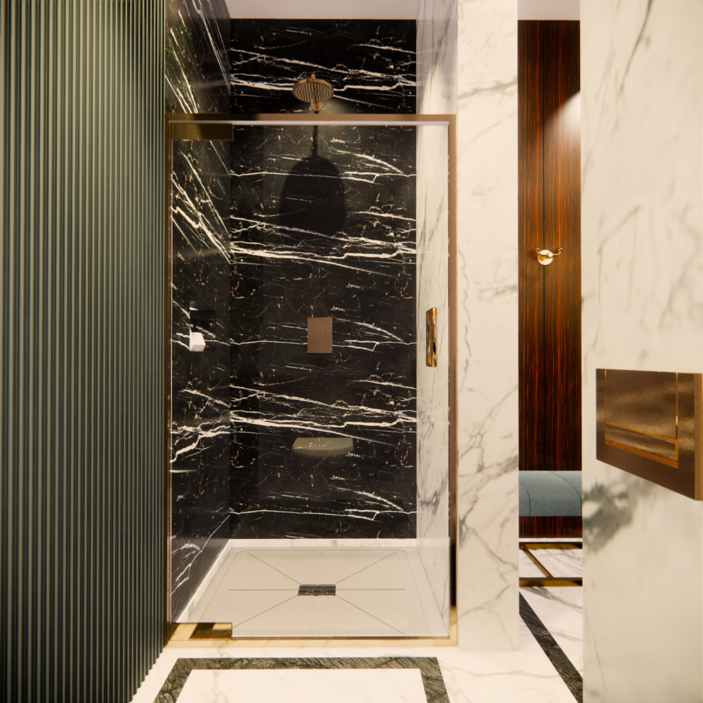 Bild på ett funkis en-suite badrum, med luckor med profilerade fronter, turkosa skåp, en vägghängd toalettstol, marmorkakel, marmorgolv, ett fristående handfat, marmorbänkskiva, vitt golv och dusch med gångjärnsdörr