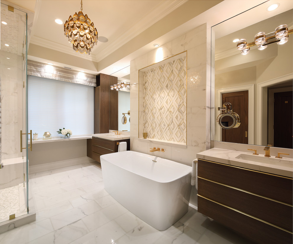 Photo of a classic ensuite bathroom in Philadelphia with flat-panel cabinets, dark wood cabinets, a freestanding bath, beige walls, a submerged sink, white floors and white worktops.