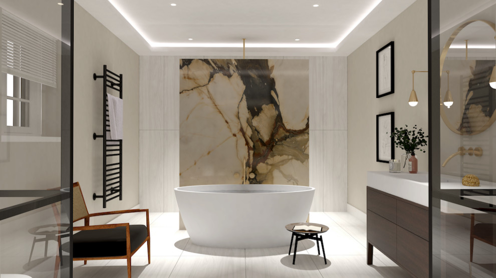 Design ideas for a medium sized retro ensuite wet room bathroom in London with freestanding cabinets, dark wood cabinets, a freestanding bath, a wall mounted toilet, white tiles, ceramic tiles, beige walls, ceramic flooring, a console sink, marble worktops, white floors, an open shower and white worktops.