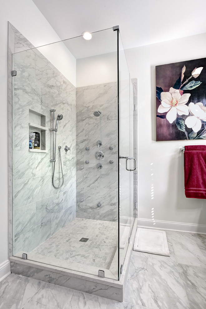 Example of a mid-sized trendy master gray tile and porcelain tile porcelain tile corner shower design in Charleston with shaker cabinets, gray cabinets, a two-piece toilet, gray walls, an undermount sink and quartz countertops