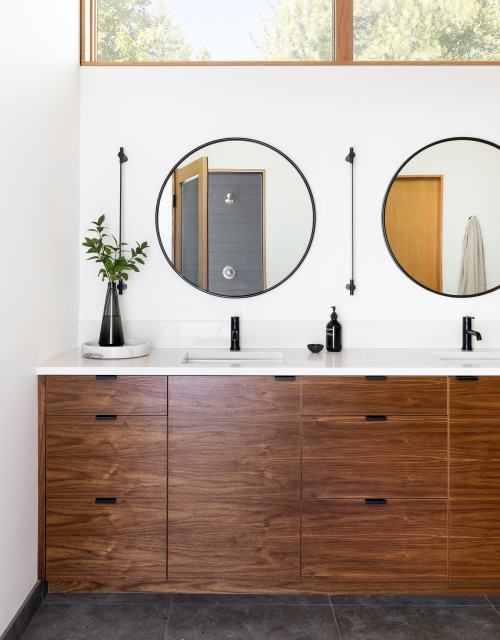 Wood Harmony: Floating Vanity with Quartz Countertop and Black Accents Bathroom Mirror Ideas