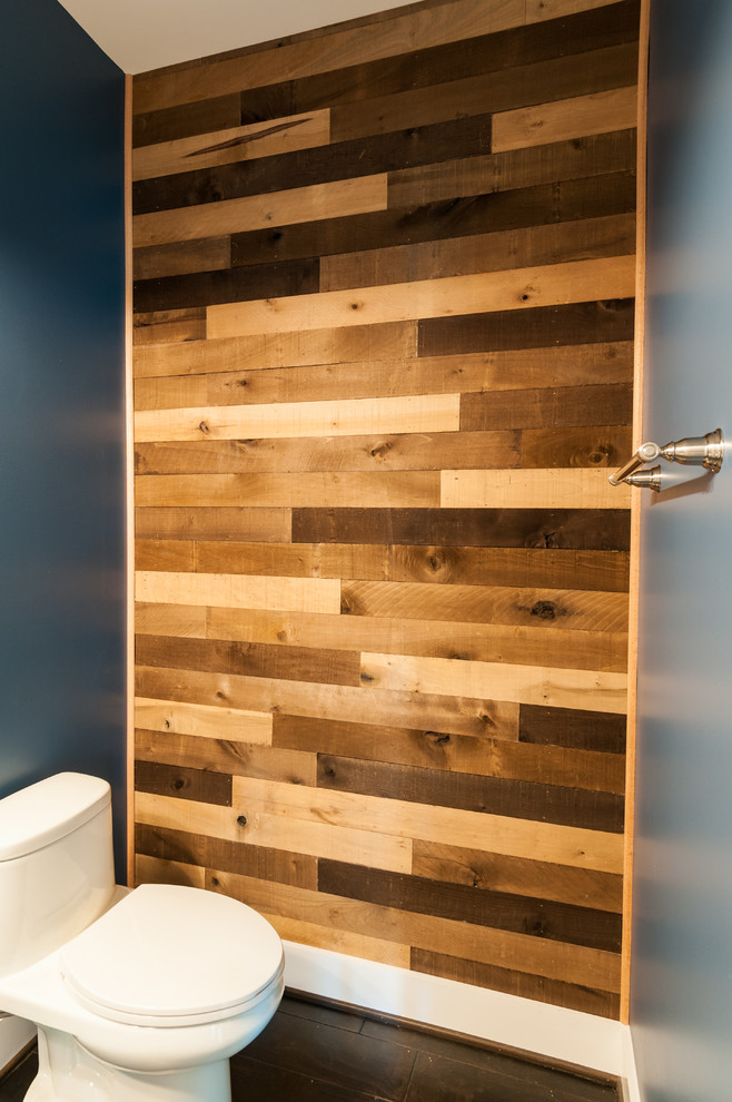 This is an example of a small contemporary shower room bathroom in Richmond with raised-panel cabinets, white cabinets, a two-piece toilet, brown walls, dark hardwood flooring, an integrated sink and brown floors.