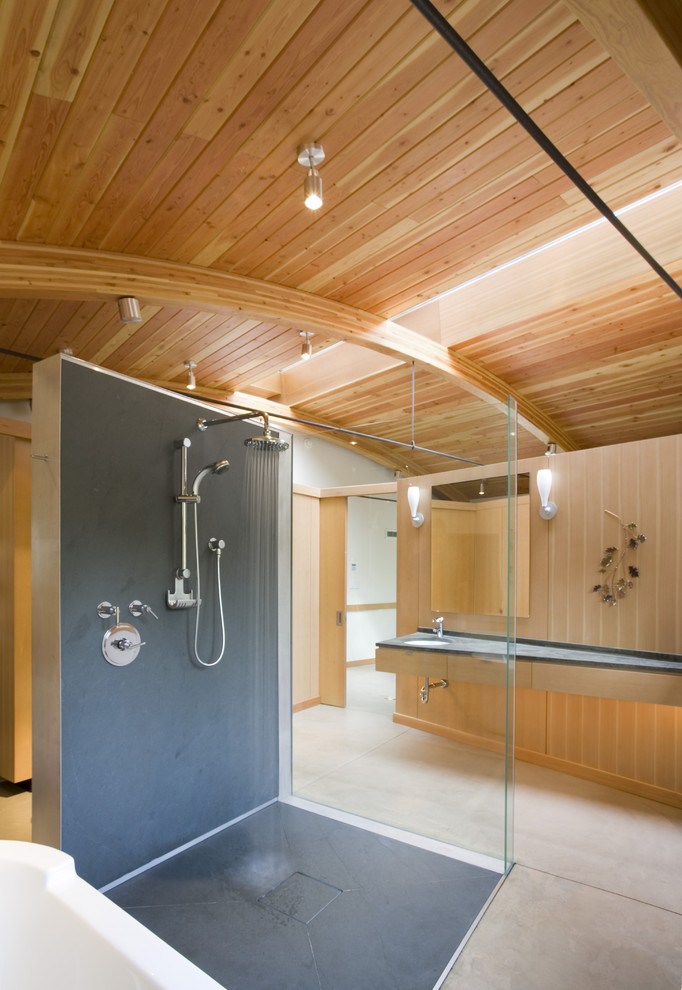 Contemporary bathroom in Seattle with a built-in shower.