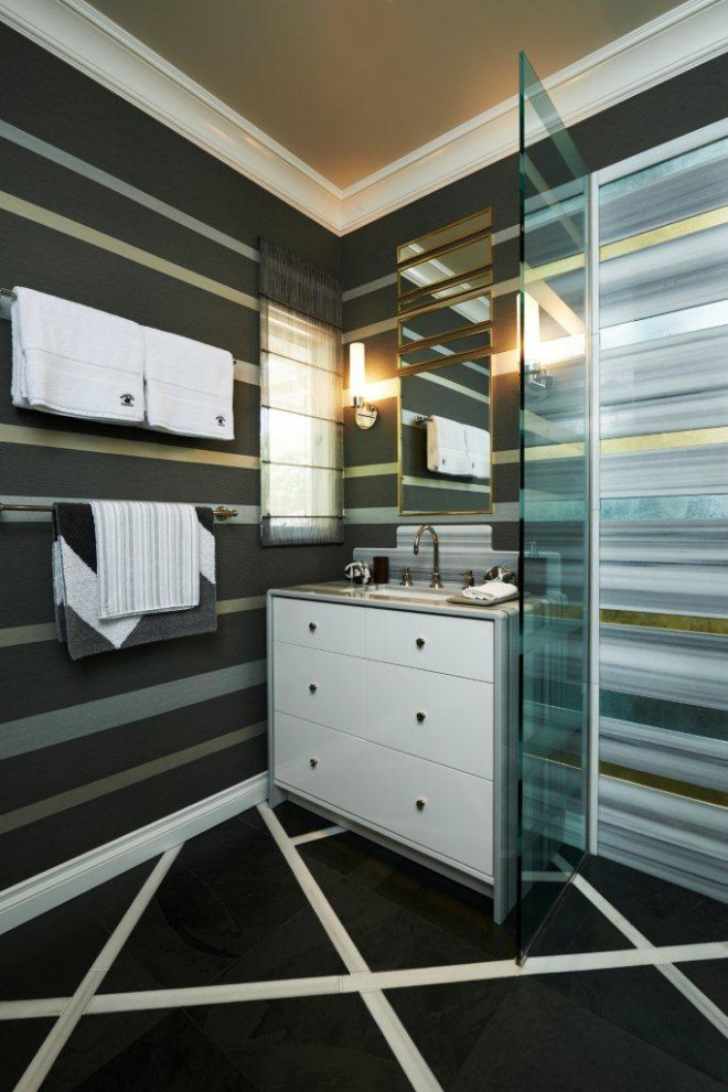 Inspiration for a small traditional shower room bathroom in Los Angeles with flat-panel cabinets, white cabinets, a built-in shower, a wall mounted toilet, multi-coloured tiles, grey walls, slate flooring, a submerged sink, marble worktops, grey floors, an open shower, multi-coloured worktops, a wall niche, a single sink, a built in vanity unit and wallpapered walls.