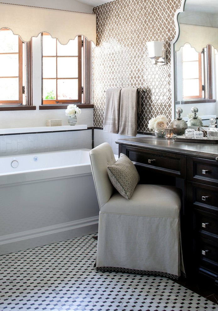 Classic bathroom in Los Angeles with brown tiles, ceramic tiles, brown walls and ceramic flooring.