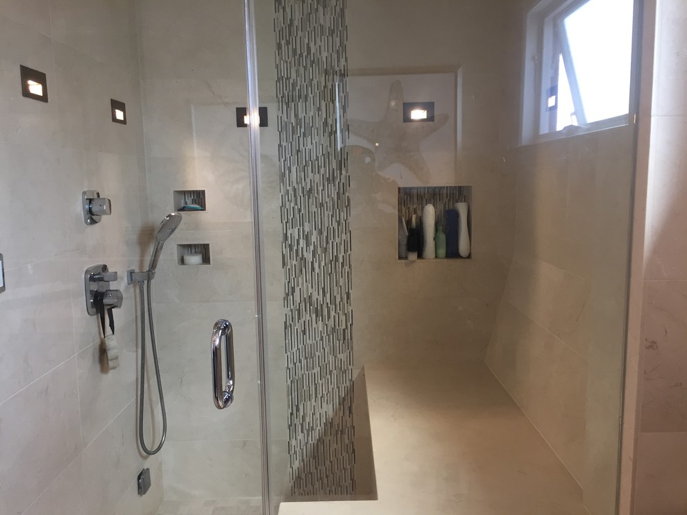 Medium sized coastal ensuite bathroom in San Francisco with an alcove bath, an alcove shower, beige tiles, brown tiles, matchstick tiles, beige walls, porcelain flooring, beige floors and a hinged door.