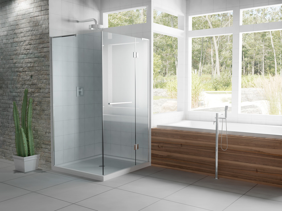 Foto di una stanza da bagno minimal di medie dimensioni con vasca da incasso, doccia ad angolo, pareti grigie, pavimento in gres porcellanato, pavimento grigio e porta doccia a battente
