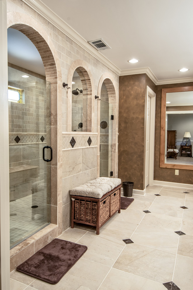 Inspiration for a mid-sized timeless master beige tile and porcelain tile porcelain tile double shower remodel in Other with granite countertops, raised-panel cabinets, light wood cabinets, a two-piece toilet, brown walls and an undermount sink
