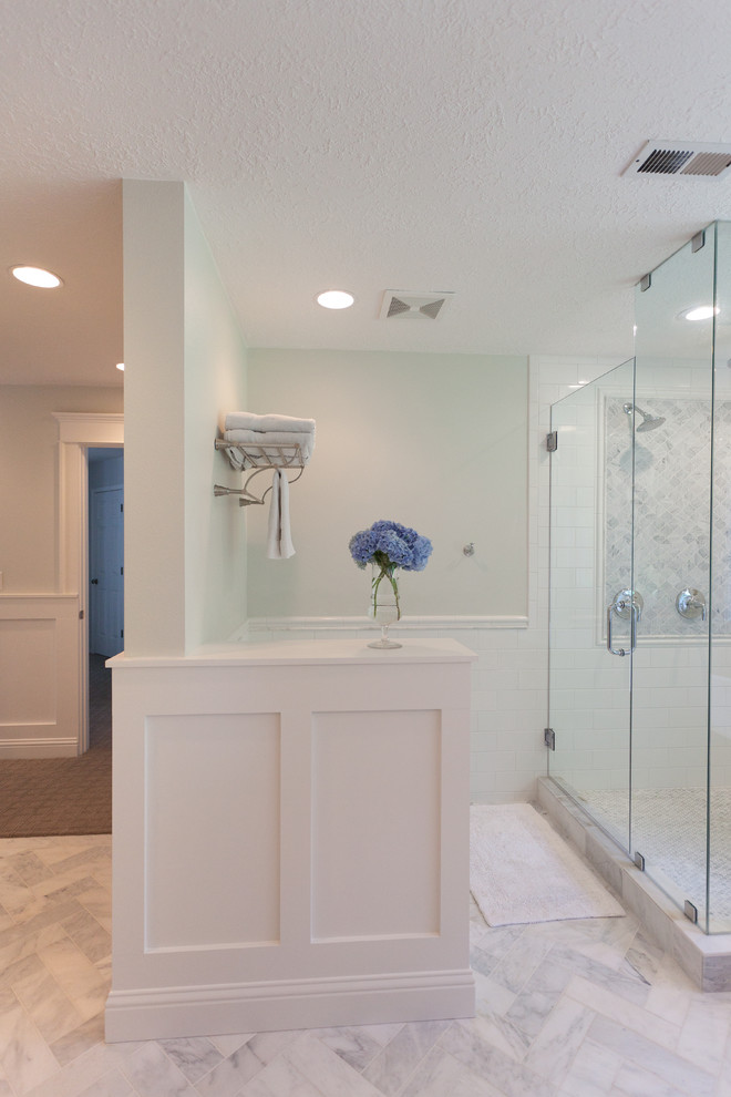 Mid-sized transitional master white tile and subway tile marble floor bathroom photo in Portland with an undermount sink, furniture-like cabinets, gray cabinets, marble countertops, a one-piece toilet and white walls