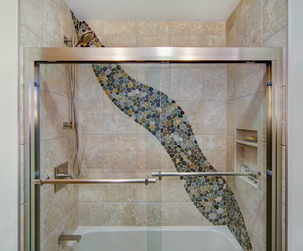 Bathroom - small eclectic beige tile and pebble tile bathroom idea in Boston