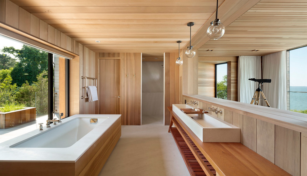 Bathroom - modern master light wood floor bathroom idea in Other with open cabinets, medium tone wood cabinets and wood countertops