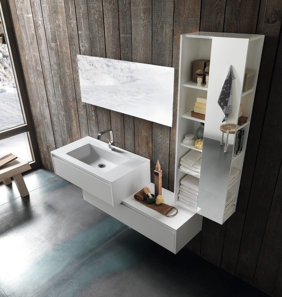 Inspiration för ett mellanstort funkis badrum, med öppna hyllor, vita skåp, bruna väggar, betonggolv, ett integrerad handfat och bänkskiva i kvarts