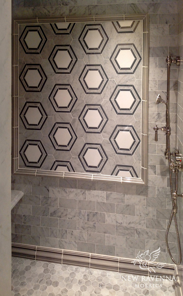 Example of a trendy gray tile and mosaic tile bathroom design in Other with gray walls