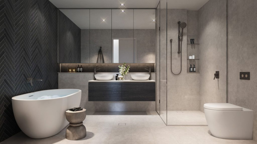 This is an example of a large contemporary ensuite bathroom in Central Coast with freestanding cabinets, light wood cabinets, a one-piece toilet and wooden worktops.