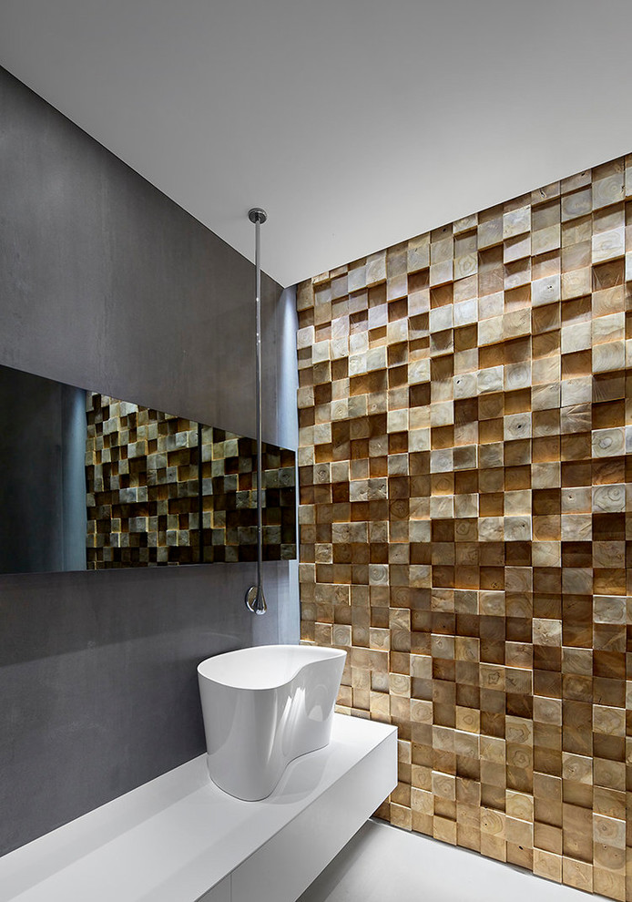 Foto di una stanza da bagno minimalista con ante lisce, ante bianche, pareti grigie, lavabo a bacinella e pavimento bianco